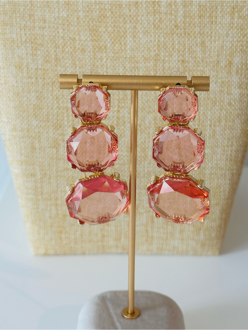 Fashion Jewelry Gold-Tone Pink Crystal Triple Drop Earrings